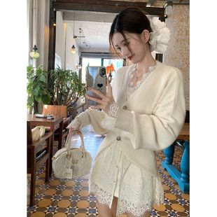 单件/套装法式v领毛衣外套女叠穿蕾丝独特超好看针织开衫蕾丝衬衫