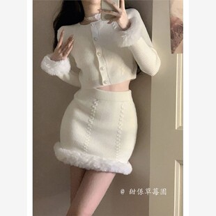 秋冬新款法式时髦气质短款毛衣外套高腰显瘦包臀短裙子两件套装