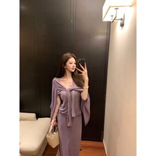 单套装慵懒风紫色长袖针织开衫吊带背心夏季休闲高腰半身裙三件套