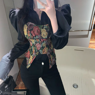 黑色泡泡袖衬衫时尚轻熟风女装套装港味秋冬提花吊带背心两件套潮