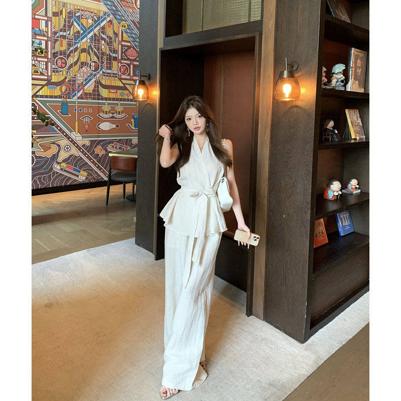 减龄少女新中式别致绑带无袖背心女夏季高腰宽松阔腿休闲裤两件套,女装/女士精品,其它制服/套装,淘宝优惠券,粉丝福利购,淘宝优惠卷