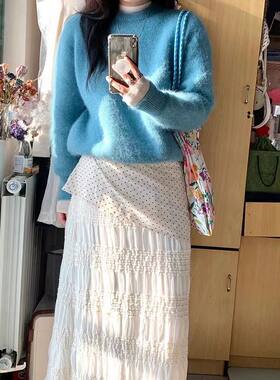 套装女2024秋冬季新款设计感蓝色宽松针织毛衣+波点吊带+半身裙女