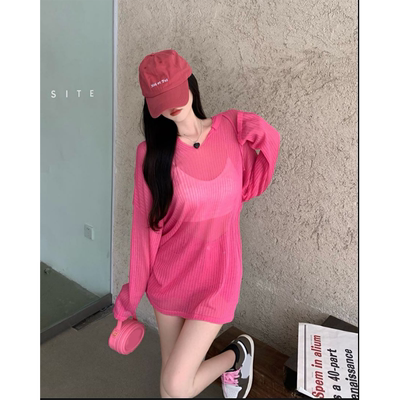 夏季冰丝薄款女宽松慵懒风连帽针织防晒衫中长款上衣短裤两件套装