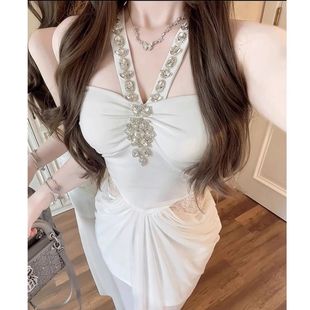 希腊神女~重工镶钻2025年夏季挂脖连衣裙温柔纯欲千金鱼尾长裙潮