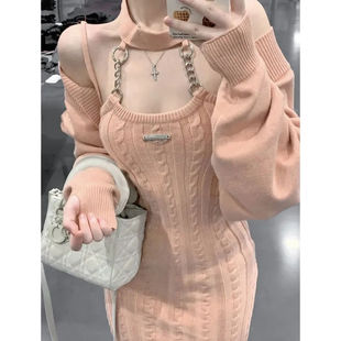 纯欲性感辣妹两件套装女挂脖包臀吊带连衣裙针织衫坎肩毛衣春秋季
