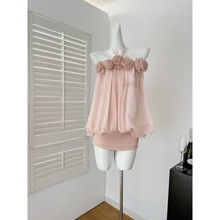 单/两件套绝美穿搭网纱立体花苞挂脖吊带露背抹胸上衣+半身短裙女