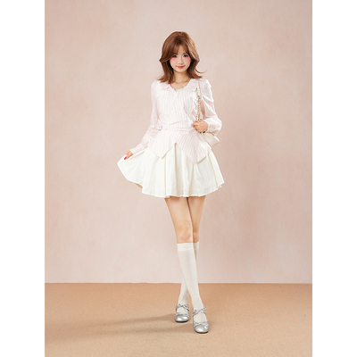 轻颜半夏 法式甜美清新少女风长袖粉色条纹半身裙假两件女秋季