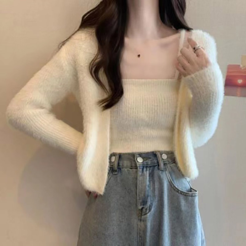 白色水貂绒毛衣外套女2025秋冬短款甜美软糯针织开衫+吊带两件套