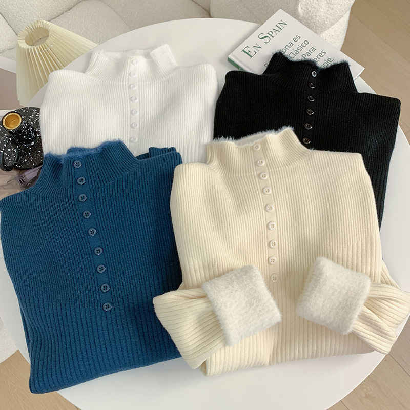 短款一体绒半高领长袖针