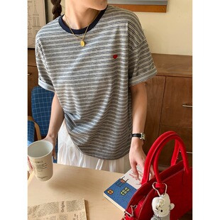 3th 宅女信号 爱心刺绣条纹撞色圆领短袖 T恤ZY4063 Morning