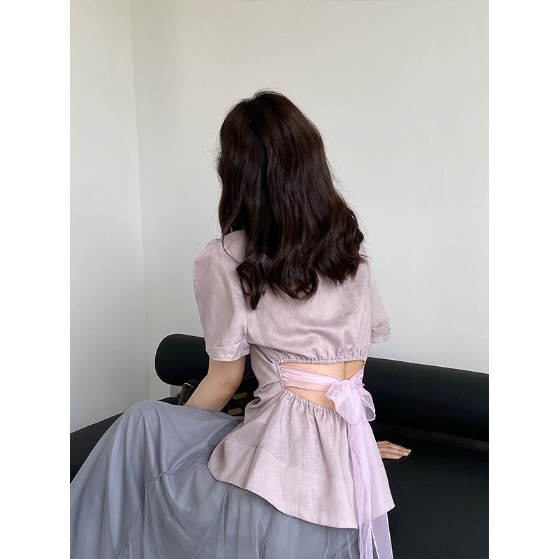 江左 背后蝴蝶结 韩版系带显瘦短袖衬衫女夏季设计感小众上衣8175