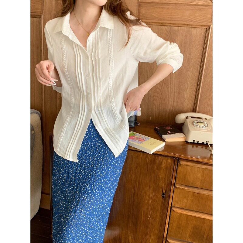 3th Morning 法式少女感 温柔提花刺绣风琴褶衬衫全棉ZY4057