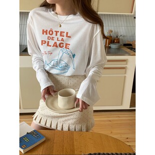 趣味字母印花圆领宽松长袖 博主私服 T恤ZY4044 Morning 3th