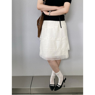 Y752 木耳边温柔裙子 江左 韩系下摆蕾丝花边压褶白色半身裙女短款