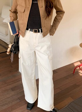 3th Morning 早春新款 复古高腰多口袋工装阔腿牛仔裤ZY3866