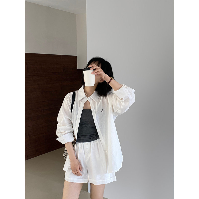 江左 老钱风！亚麻刺绣休闲夏防晒套装女衬衫短裤慵懒两件套 1372