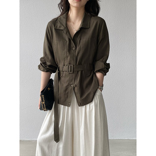 江左 老钱风复古橄榄绿亚麻收腰衬衫女2026春夏百搭长袖上衣 2610