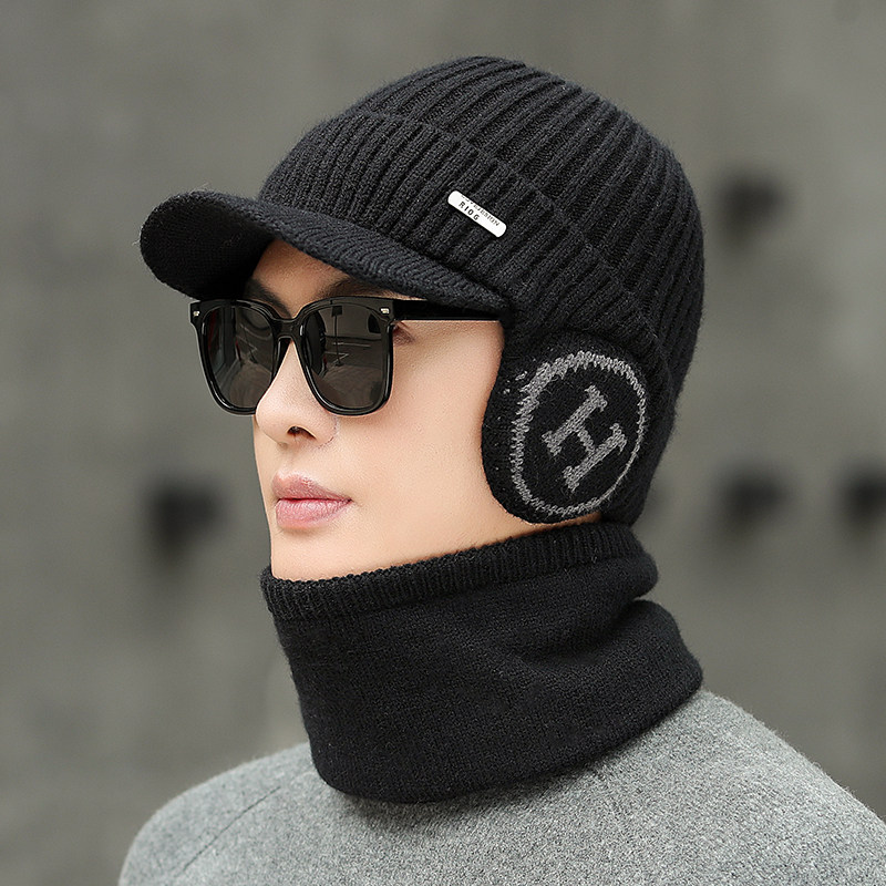 帽子男冬季护耳帽毛线帽男士骑行围脖保暖冬帽加绒防寒针织帽棉帽