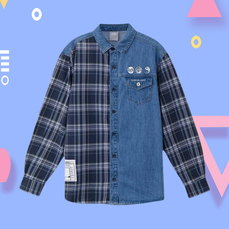 李宁正品外套男子秋季衬衫新款潮流拼接格子开衫牛仔外套ASHR087