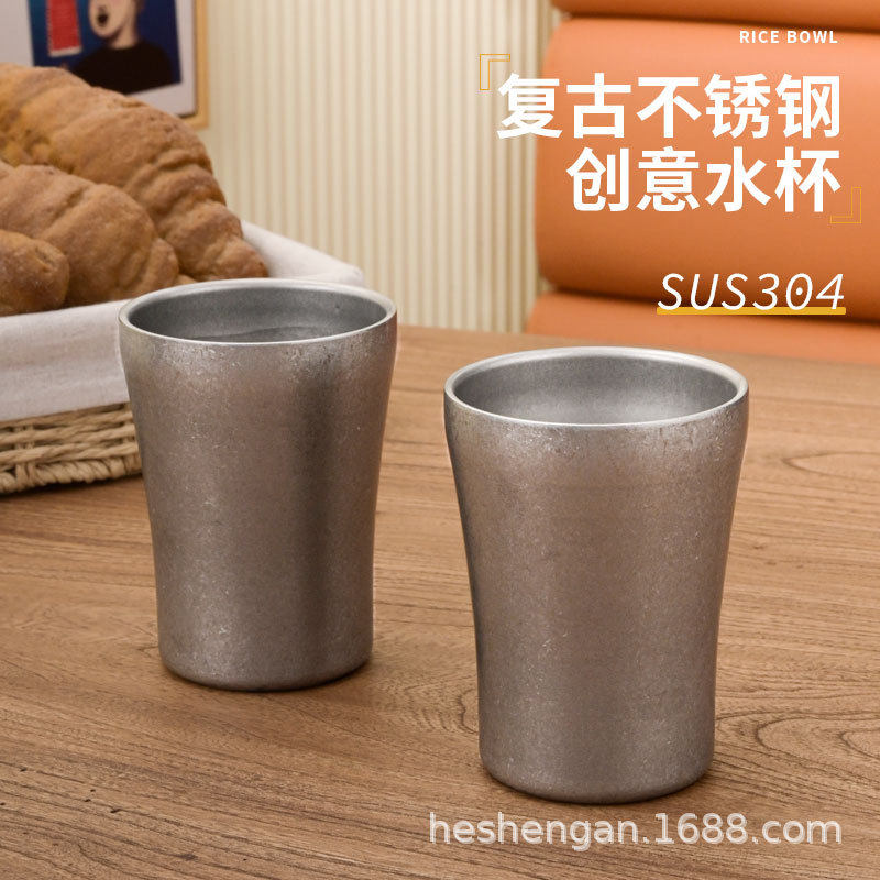日式复古304不锈钢双层水杯防烫做旧工业风咖啡杯户外餐具露营杯