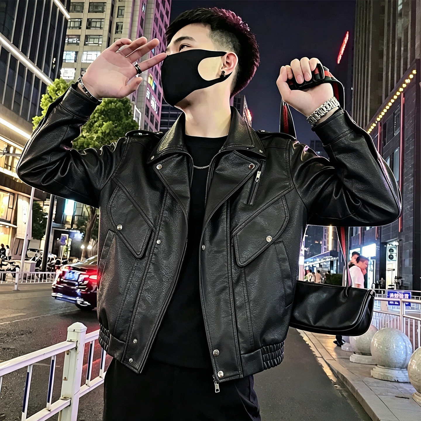 秋冬潮牌痞帅工装皮衣外套男春潮流拼接翻领机车服皮夹克男1027e