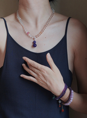 新中式紫色葫芦项链白水晶