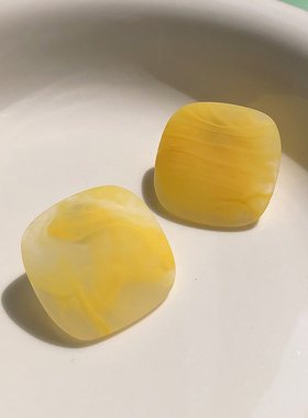 耳边铛280晕染彩色方形耳环黄色树脂桃心形耳钉复古银针耳饰耳夹