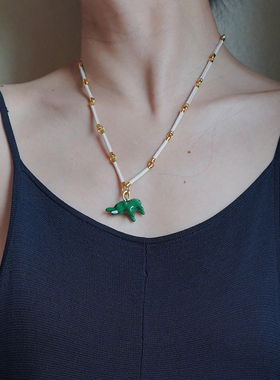 138小象竹节白色珐琅项链