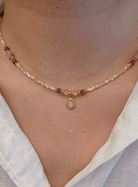 天然石串珠粉色爱心锁骨链