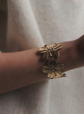 耳边铛249中古感夸张花朵开口手镯银色复古度假手环小众手圈手饰