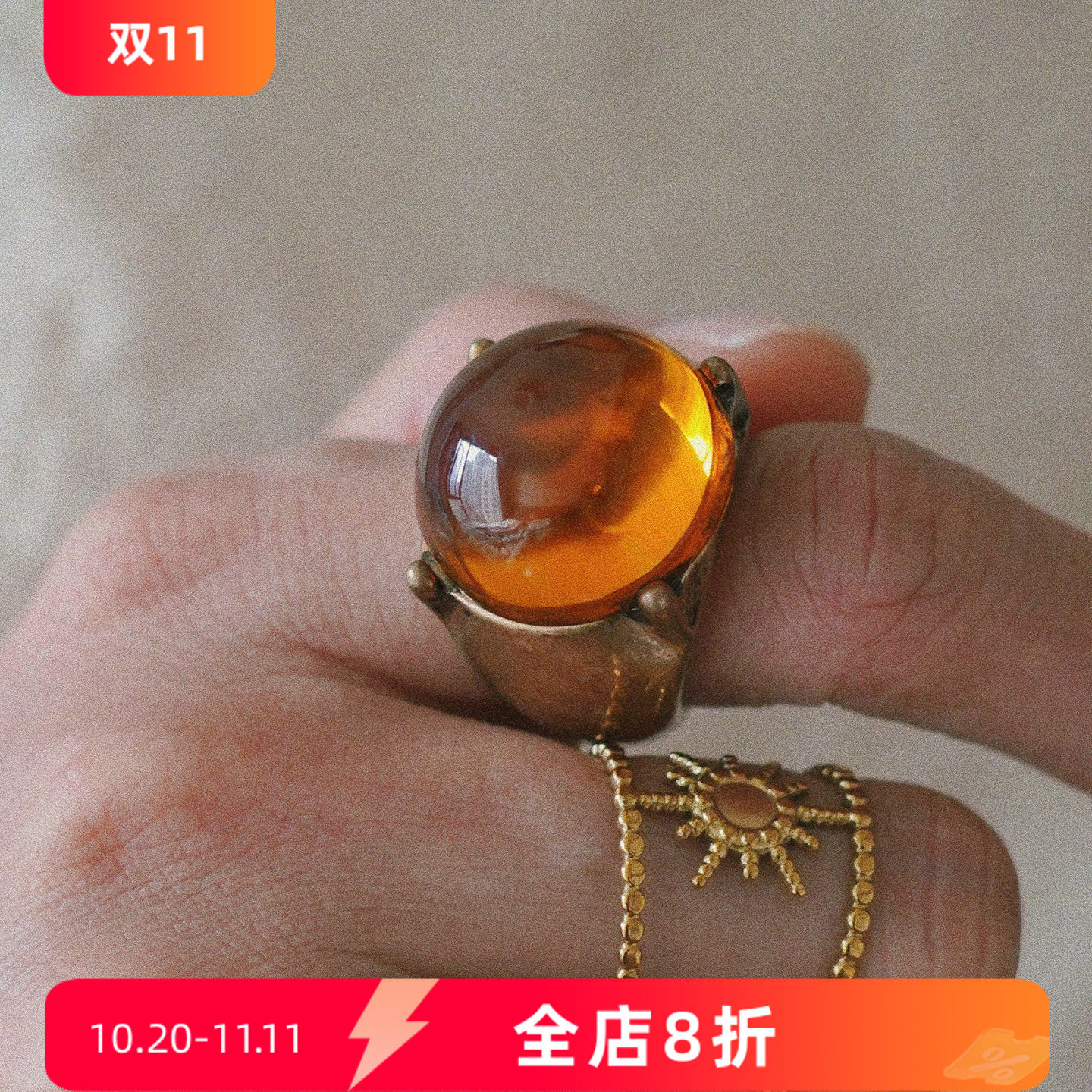 耳边铛356泡泡糖中古风琥珀感复古夸张圆形大颗宝石戒指轻奢指环