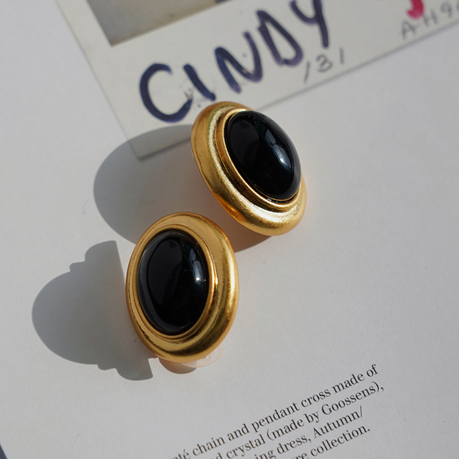 耳边铛29中古感琉璃黑色椭圆形耳环红色气质耳钉港风复古耳饰耳夹