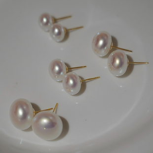 耳边铛359粉光扁圆馒头珍珠彩光耳环百搭气质耳钉925银针复古耳饰