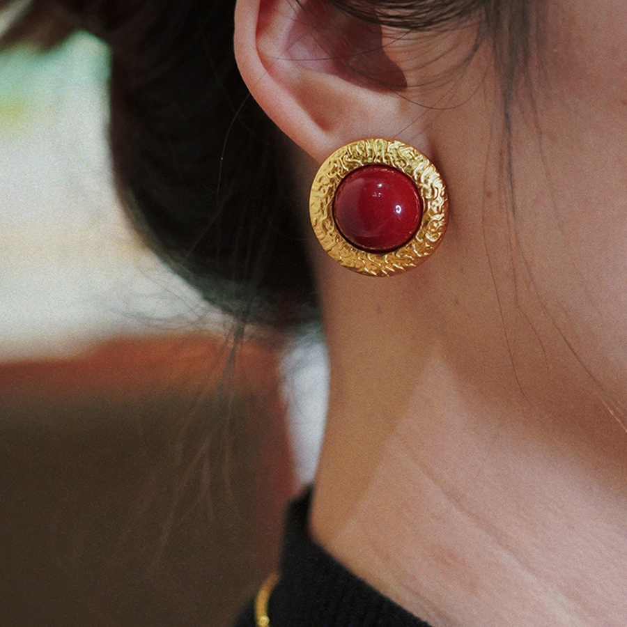 耳边铛245安可拉红色复古圆形耳环港风气质金属耳钉简约耳饰耳夹