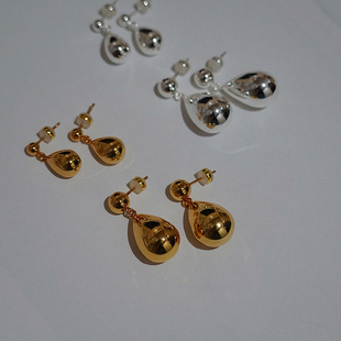 耳边铛192大颗水滴金属耳环耳钉银色百搭气质ins耳饰s925银针耳夹