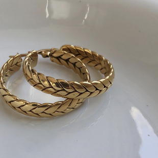 耳边铛35麦穗钛钢宽边粗圈耳圈圆形几何耳环复古金色大气耳饰耳钉