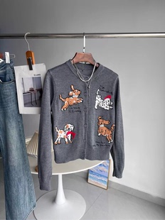 可爱小狗提花圆领单排扣宽松直筒长袖针织开衫早春短款毛衣外套新