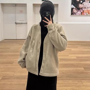 日单！男女秋冬摇粒绒V领宽松开衫长袖外套上衣保暖483980/484125