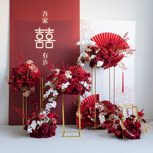 中式红色立柱折扇花球花艺 仿真花假花迎宾背景喜宴订婚宴装饰花