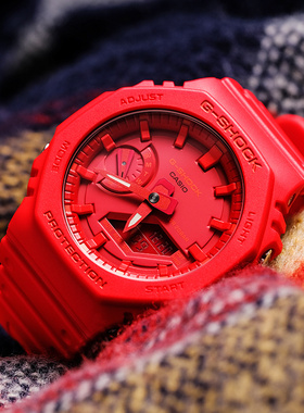 卡西欧手表男款官方正品gshock红色农家八角橡树运动电子表ga2100