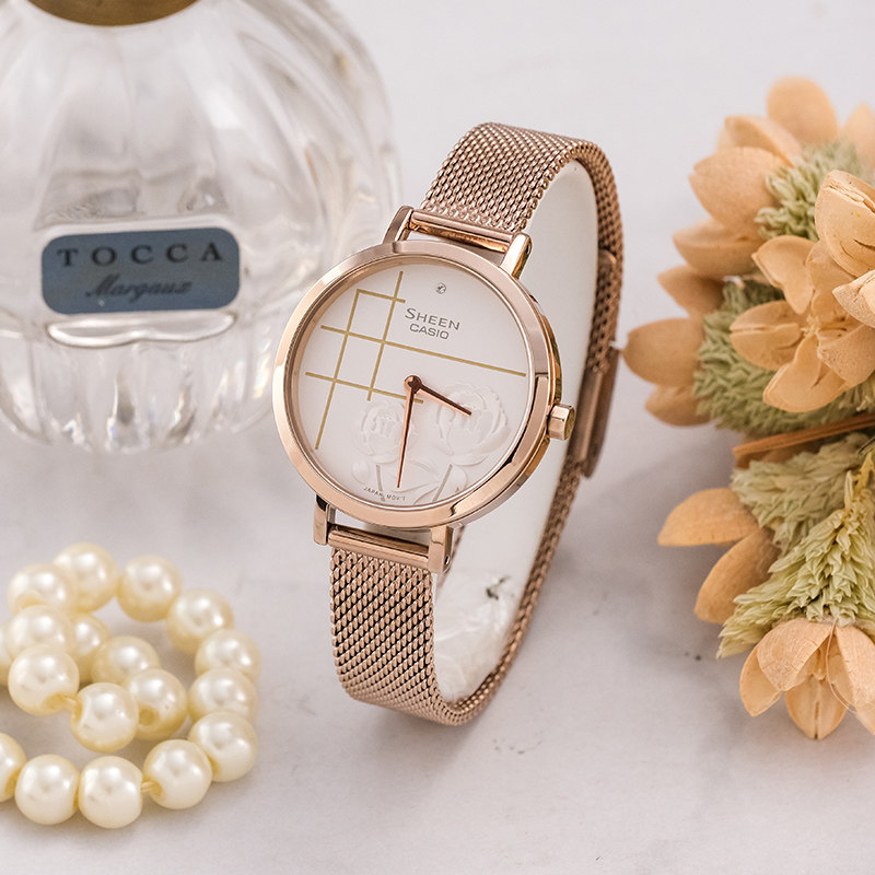 卡西欧女士手表SHEEN牡丹花主题时尚简约气质正品石英表SHE-C140