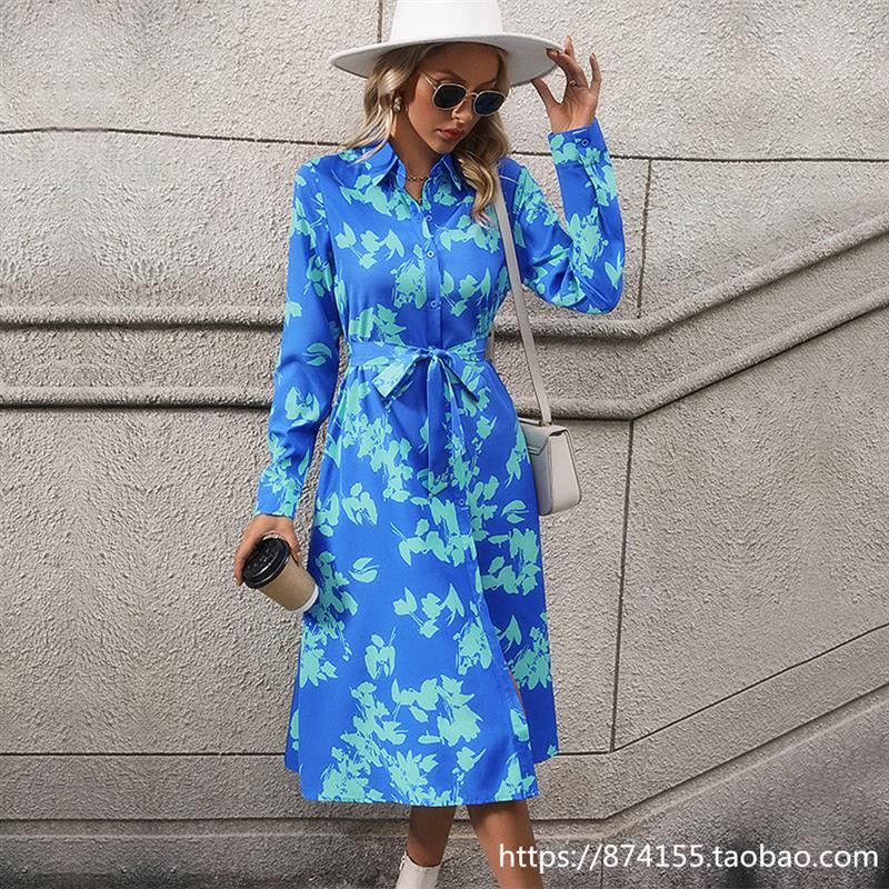 Blue Dress Women Autumn Long Sleeved Shirt Dresses for Lady