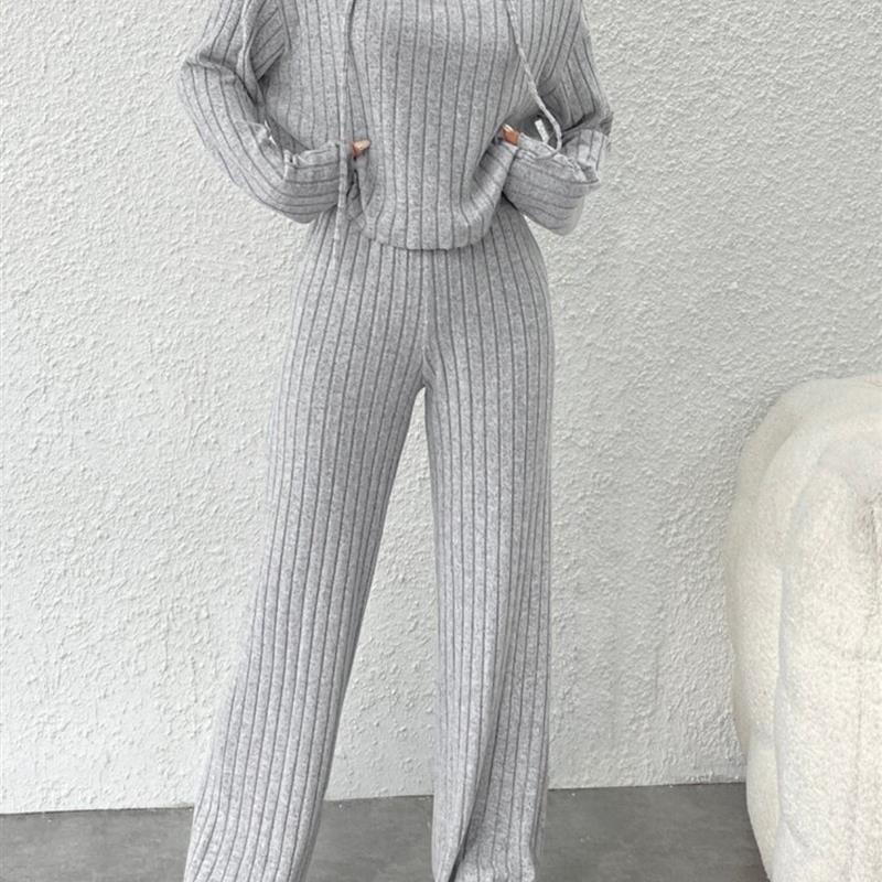 Casual Knitted Long Sleeve Set Womens Pants Two Piece Set