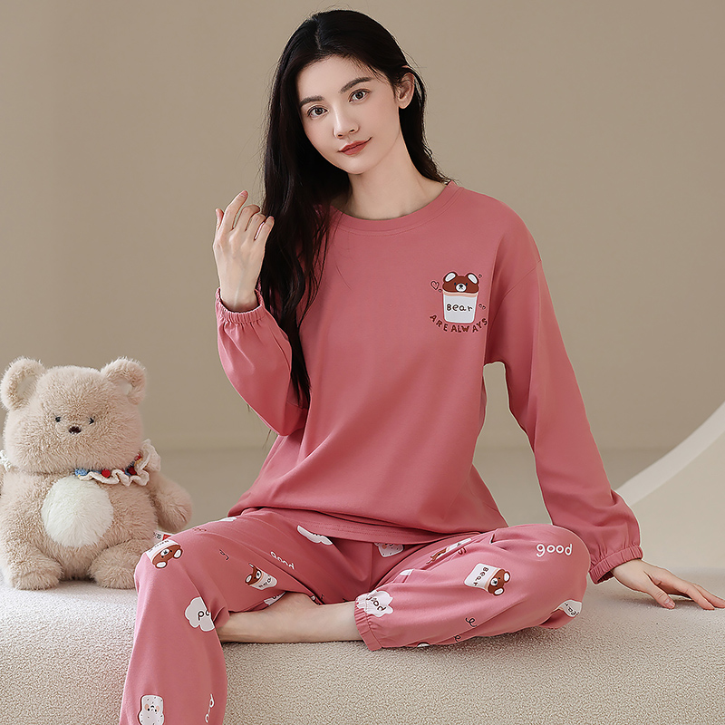100%纯棉长袖加厚睡衣女秋冬季可外穿大码简约甜美宽松圆领家居服
