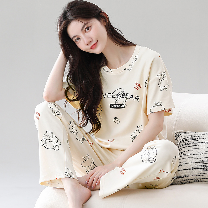 100%纯棉睡衣女夏季短袖长裤学生可外穿韩版休闲圆领套头家居服套