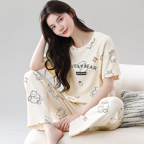 100%纯棉短袖长裤睡衣女夏季薄款