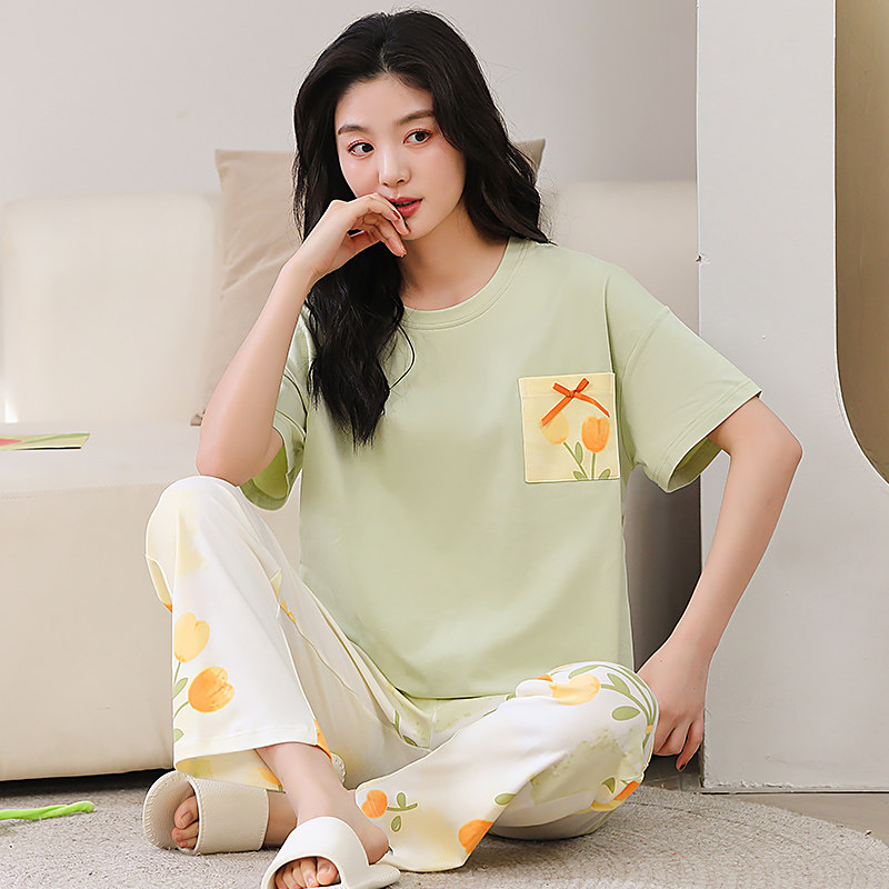 100%纯棉睡衣女夏季薄款短袖长裤外穿运动舒适休闲圆领家居服套装