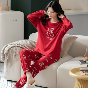 100%全棉加厚红色睡衣女秋冬季 可外穿纯棉休闲舒适圆领家居服 长袖
