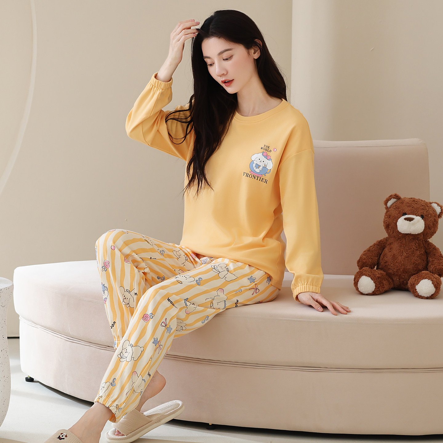 100%纯棉睡衣女加厚秋冬季可外穿