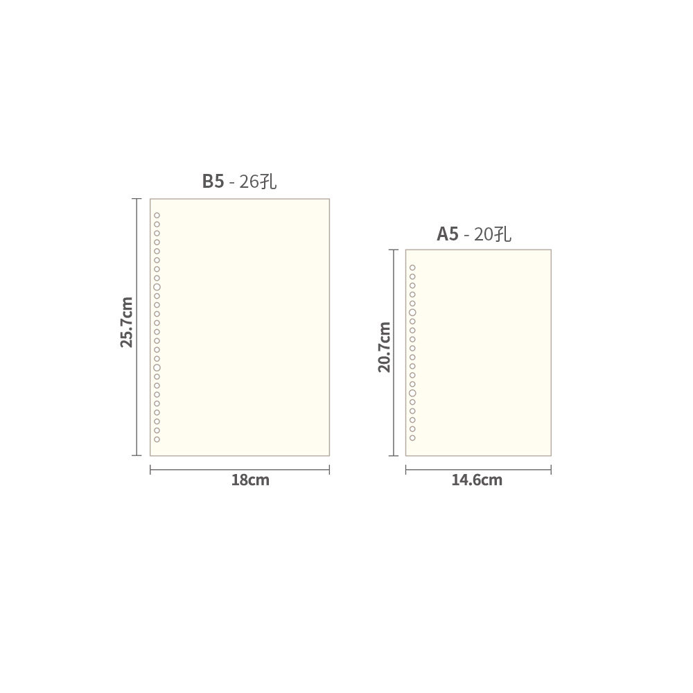 B5 DOWLING A5 루스리프 북 리필 26홀 80G 베이지색 종이 100칸 공백 가로줄 영어 그리드 80G 구성